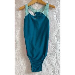 Speedo One Piece Swim Suit Turquoise Teal Pink Stripe Racerback Girls Size 10